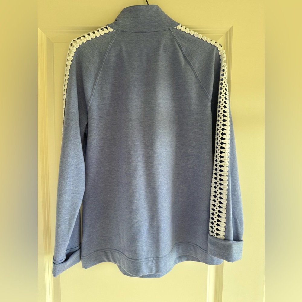 Lilly Pulitzer Powder Blue Half-Zip Pullover with White Crochet Trim - Picture 2 of 6